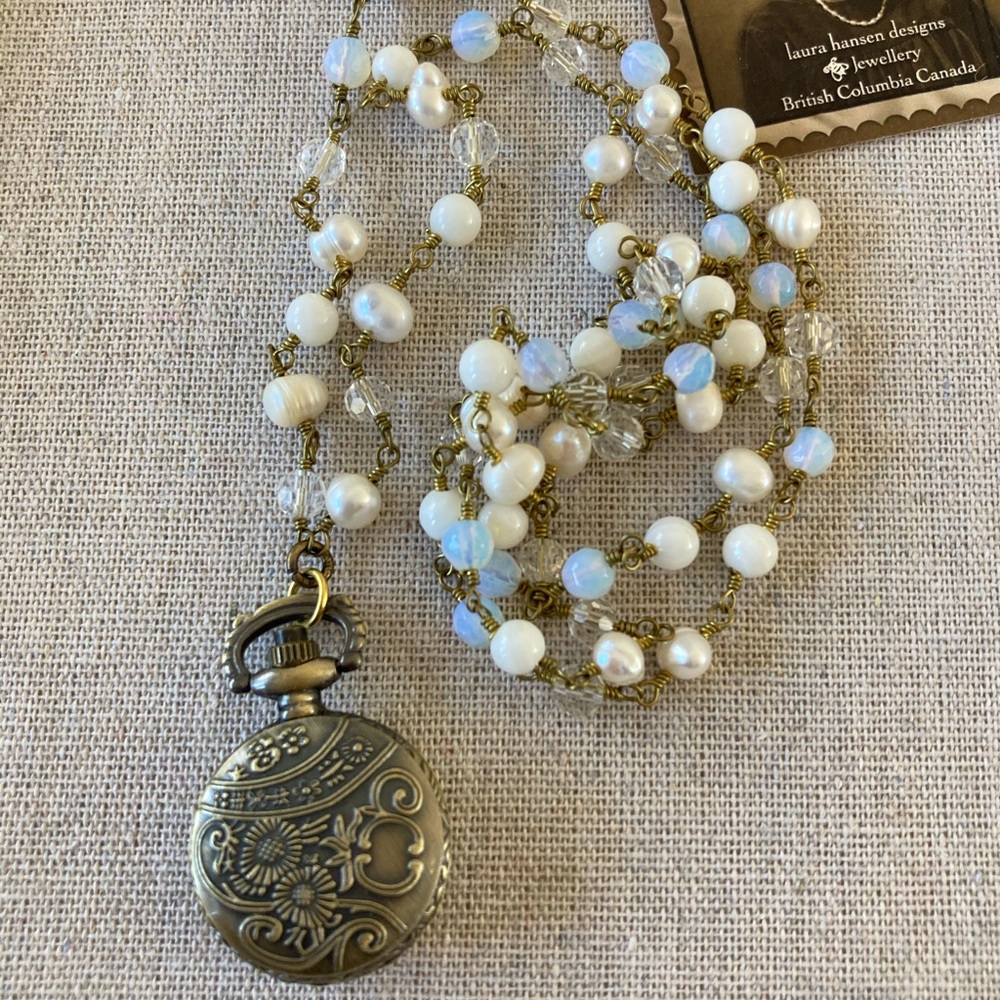 Freshwater Pearls, Crystal & Glass Pocket Watch-Like Pendant Keepsake Ne…